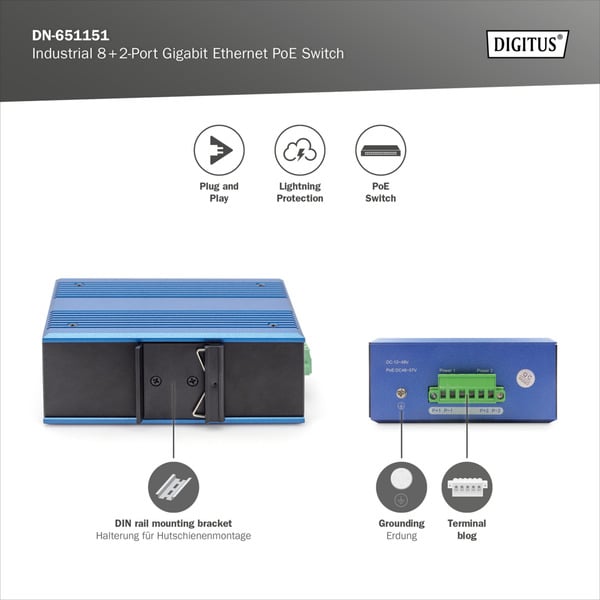 Digitus Commutateur Gigabit Ethernet PoE industriel 8+2 ports – Image 4